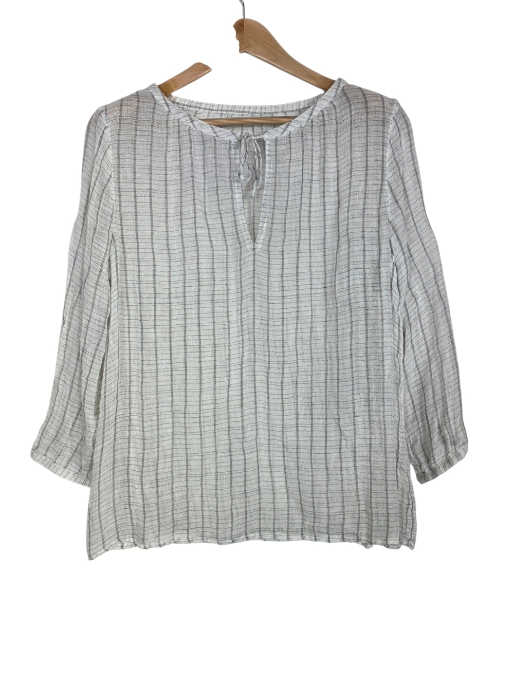 Eileen Fisher Linen Tie front  White Blouse with Thin Gray Stripes